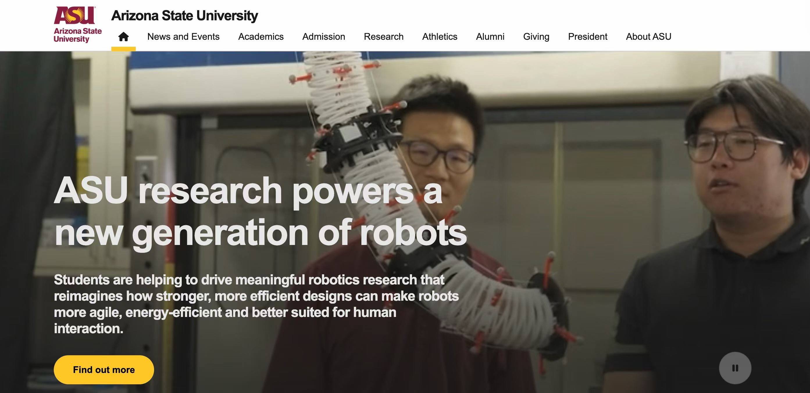 Screenshot of the ASU homepage featuring the lab